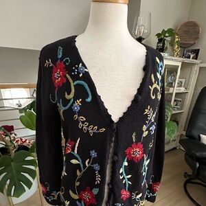 Breckenridge Black Cardigan with Floral Embroidery